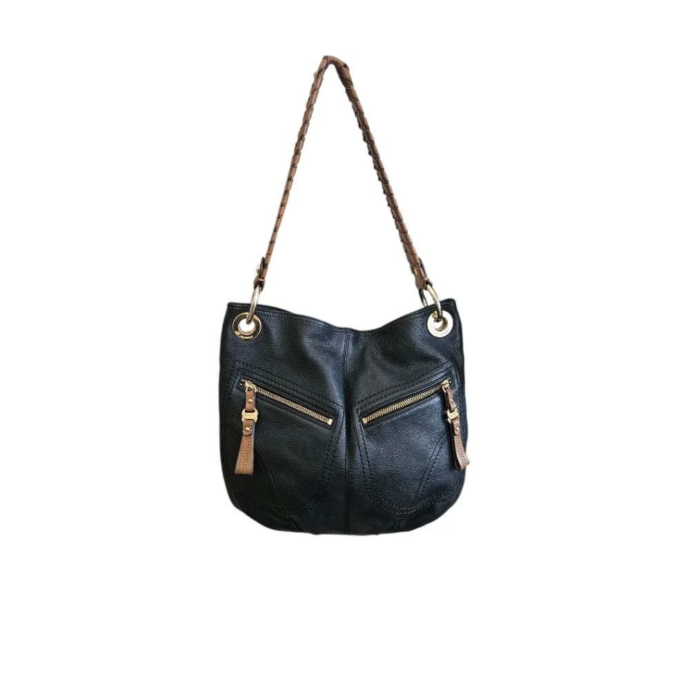 B. Makowsky Pebbled Leather Handbag Black Hobo Brown Accents